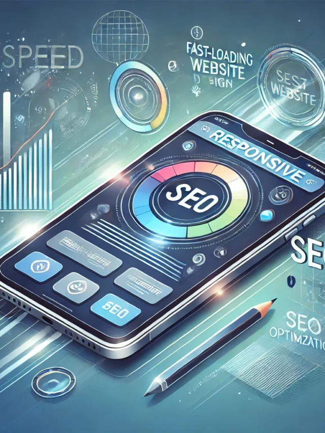 A modern digital illustration showcasing a mobile phone with a responsive website design. The phone's screen highlights elements such as a fast-loadin